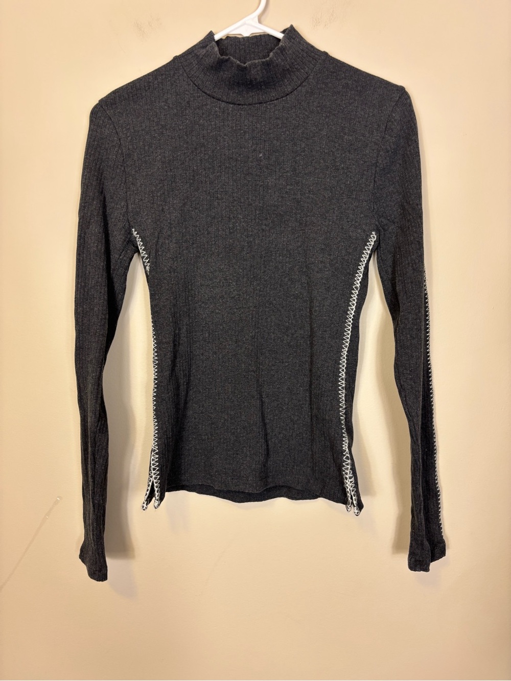 J. Crew Dark Gray Ribbed Mock Neck Long Sleeve Top with Contrast Stitch Small